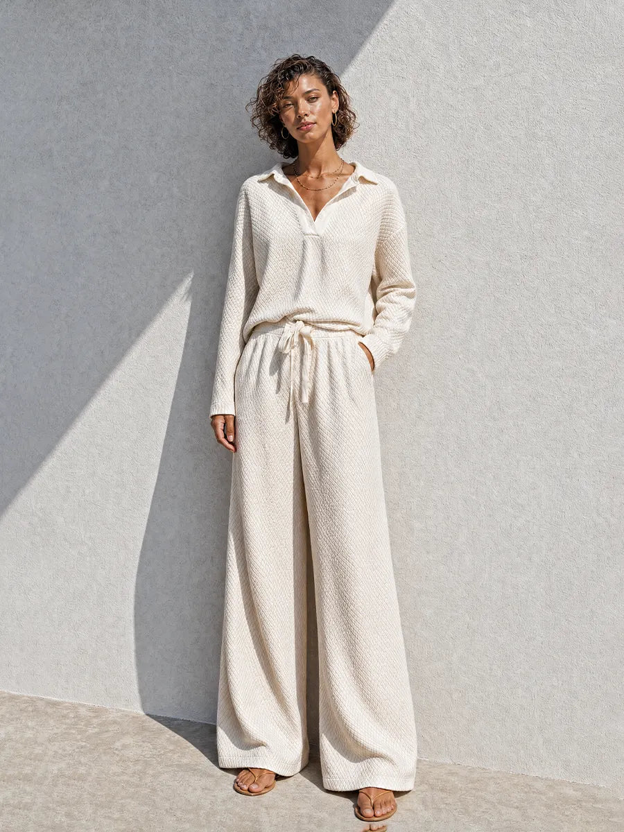 Women's Casual Relaxed Cream Collared Long-Sleeve Diamond-Textured Knit Top & Belted Wide-Leg Pants Set MDZ1315G2CMX