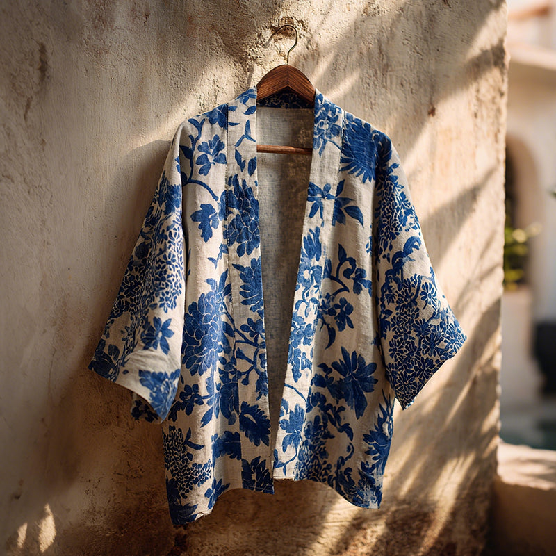 Vintage Japanese Traditional Sashiko With Floral Art Print Cotton And Linen Blend Kimono Cardigan