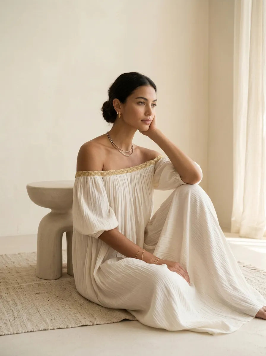 Bohemian Style Off-the-shoulder Pleated Ivory Long Dress