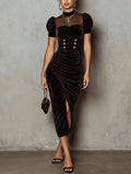 Chocolate Brown Velvet Bodycon Midi Dress With Mesh Yoke And Gold Button Detail