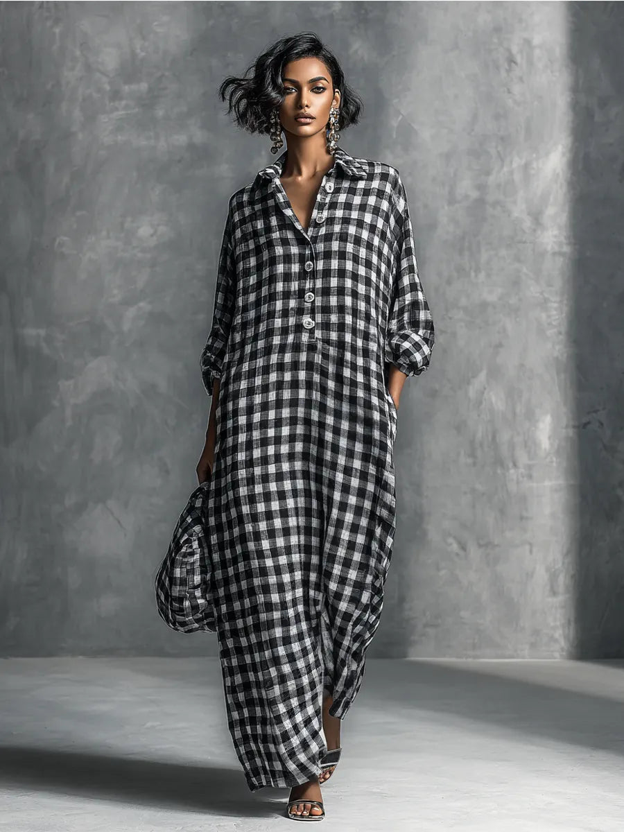 Women's Casual Black And White Checkered Shirt-style Long Dress MDZ0924B4BA