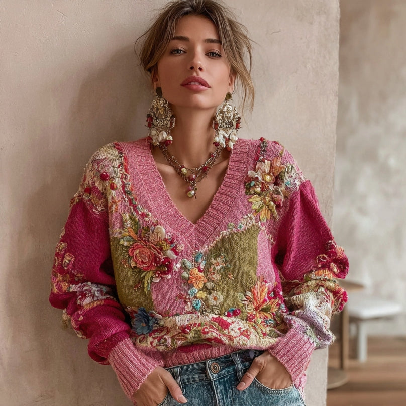Women's Vintage Bohemian Floral Embroidery Patchwork Art V-neck Cozy Knit Sweater