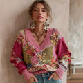 Women's Vintage Bohemian Floral Embroidery Patchwork Art V-neck Cozy Knit Sweater