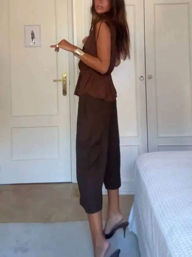 V-Neck Sleeveless Top And Shorts Suit-Top