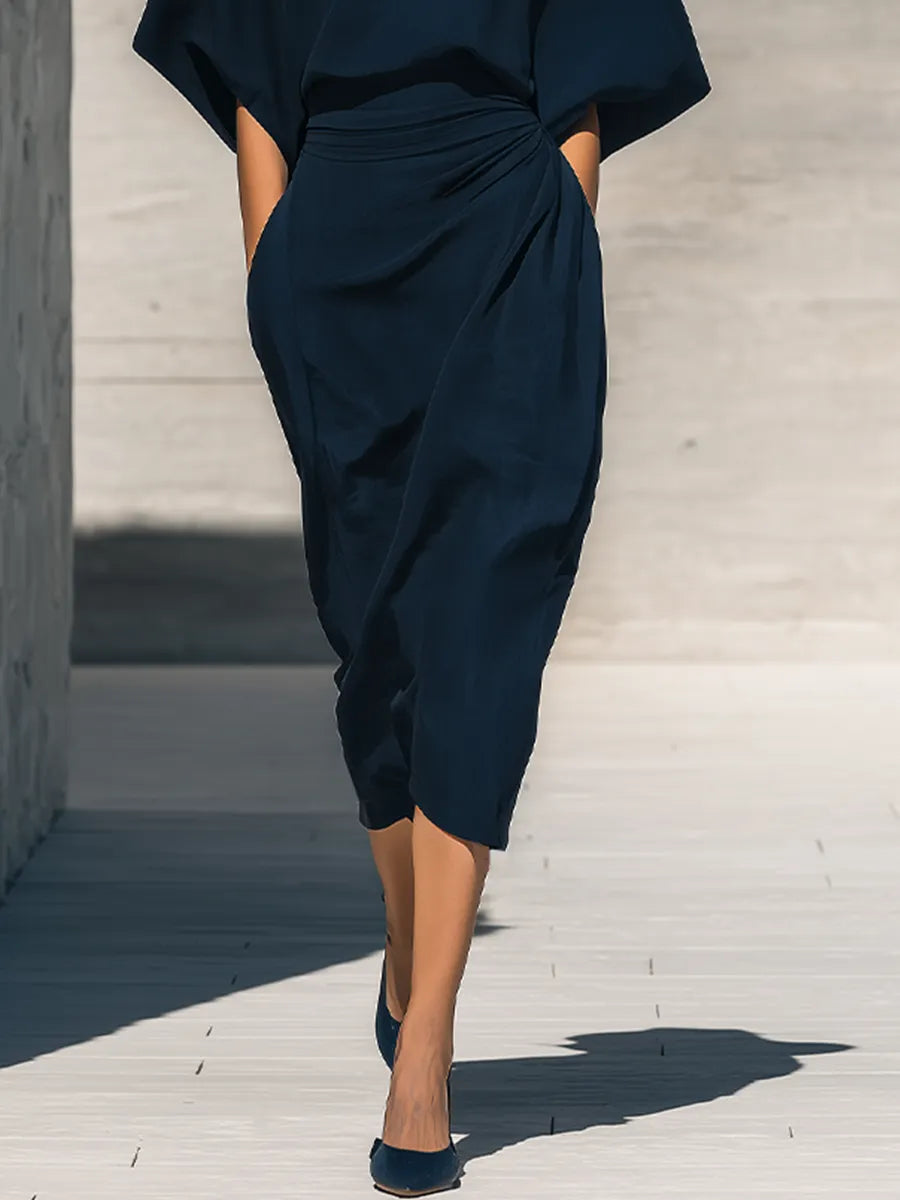 Women's Navy Cotton-Blend Two Piece Matching Set With Bow Tie Neck Batwing Sleeve Blouse & Side Twist Wrap Midi Skirt, Minimalist Elegant Formal Co-Ord Outfit MDZ2071G7LYL
