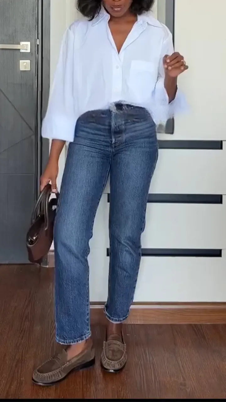 Women Collar Shirt+ Jeans Temperament Casual Outfit