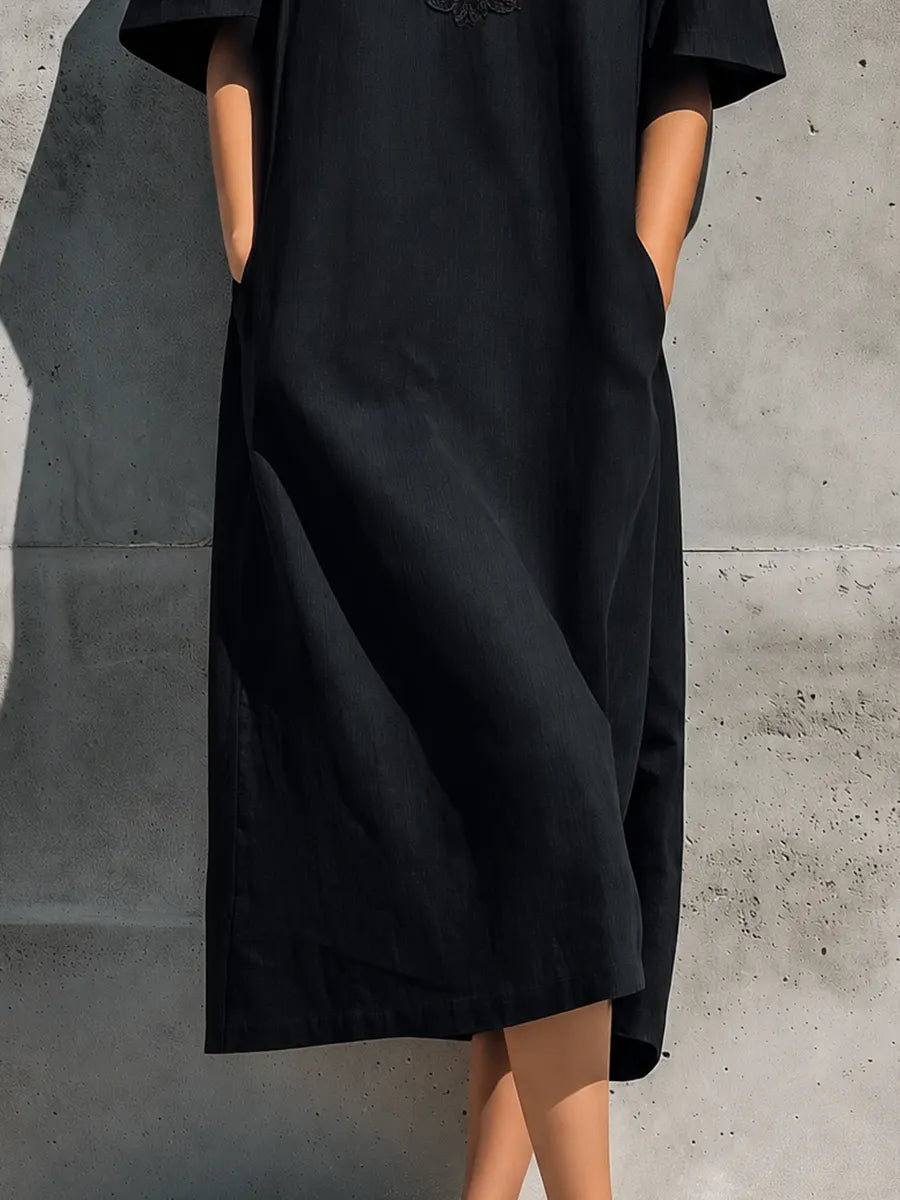 Women's Black Linen High Neck Floral Lace Embroidery Short Sleeve Pocket Loose Midi Dress MDZ0905G9YZJ