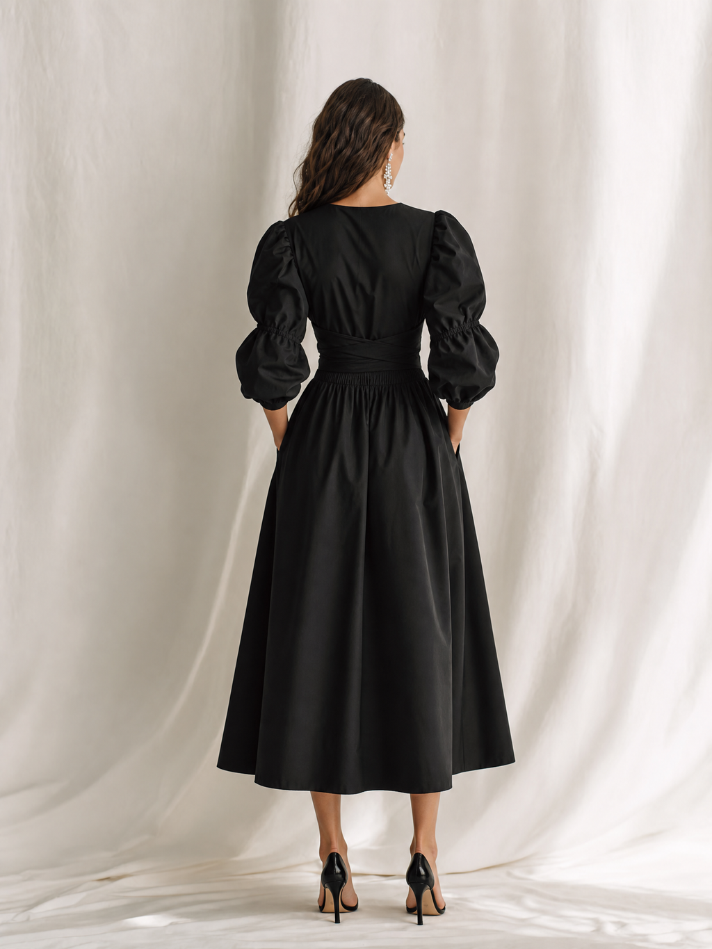 Women's Elegant Black Cotton Blend Round Neck Puff Sleeve Smocked Waist Midi Dress MDZ1769G5ZSQ