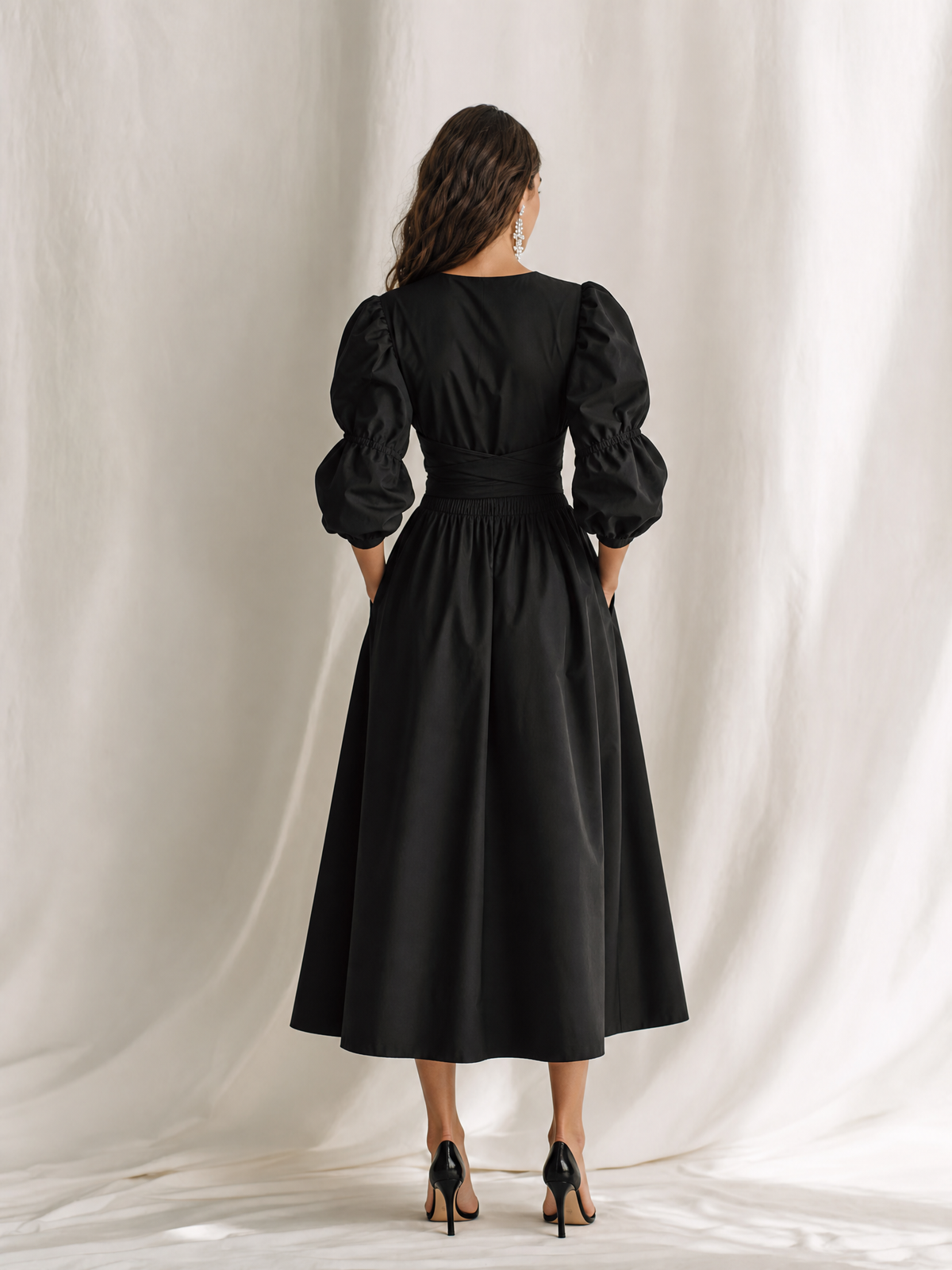 Women's Elegant Black Cotton Blend Round Neck Puff Sleeve Smocked Waist Midi Dress MDZ1769G5ZSQ