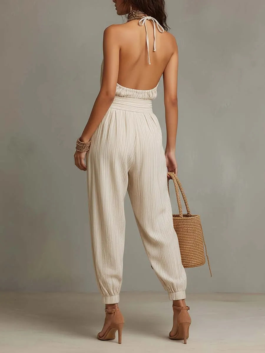 Bohemian Halter Smocked Waist Crinkled Jumpsuit