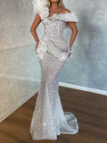 Wedding Wrap Asymmetric Beaded Applique Shiny V-Neck Maxi Dresses