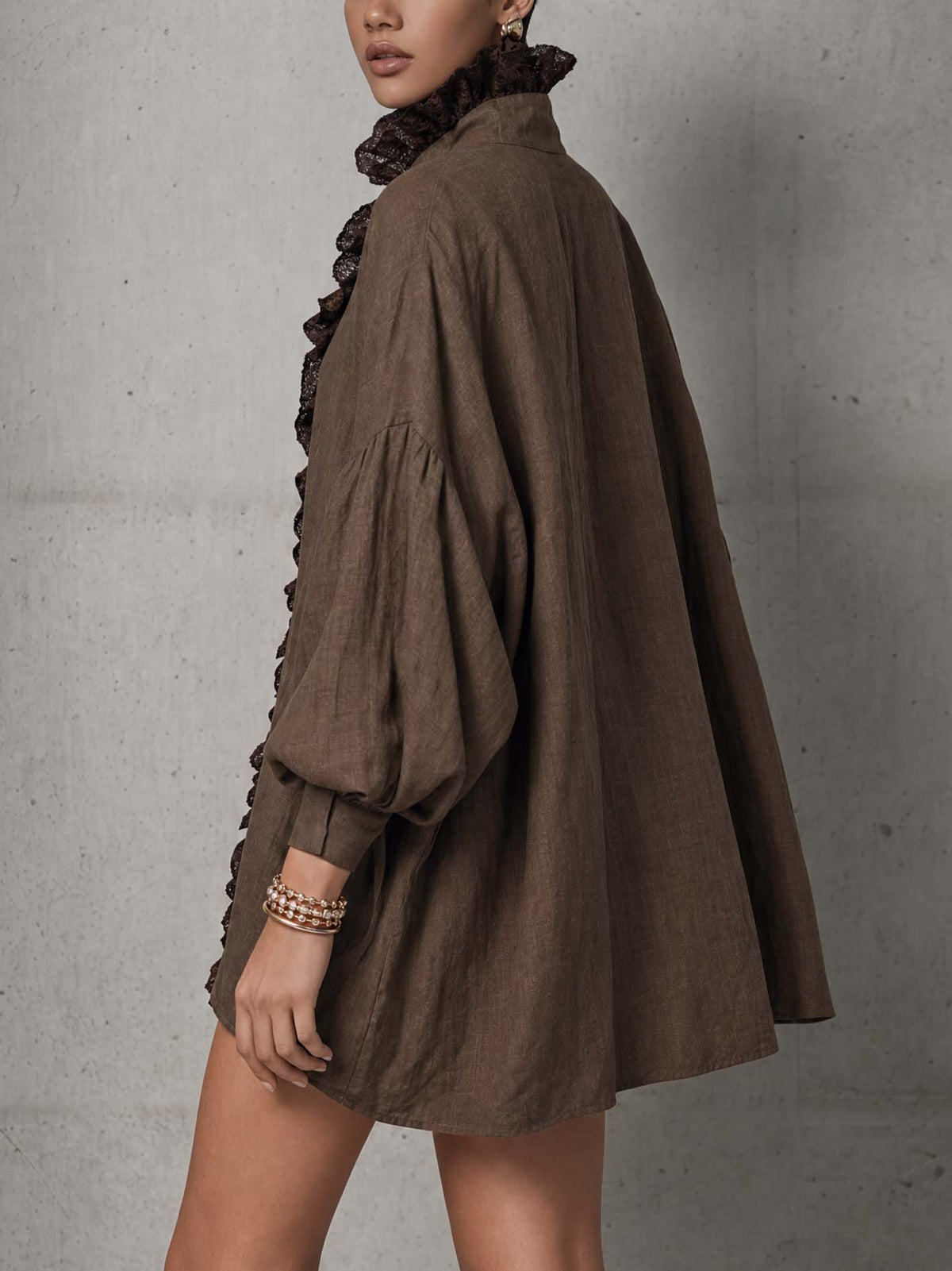 Oversized Lace Ruffle Trim Balloon Sleeve Linen Shirt Dress