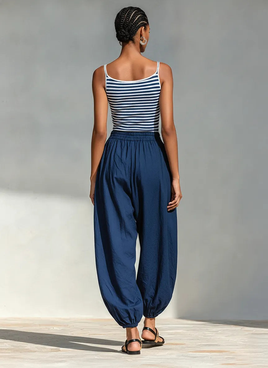 Women's Navy & White Striped Cotton-Blend Two-Piece Set With Square Neck Sling Top & Drawstring Harem Jogger Pants, Minimalist Casual Vacation Outfit MDZ0518F8LYL