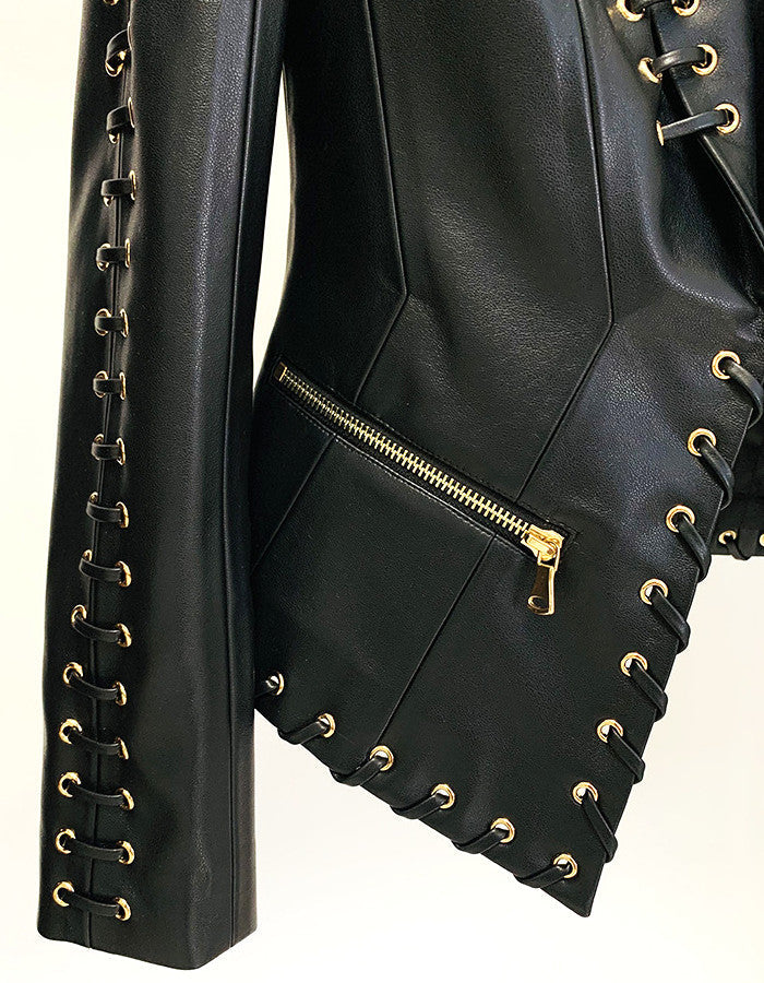 Long Sleeve Lace Up Faux Leather Jacket Black