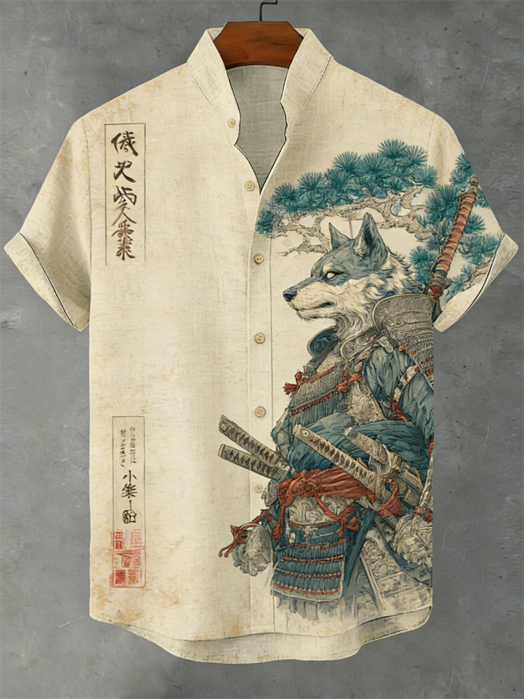 Japanese Wolf Samurai & Pine Trees Linen Shirt