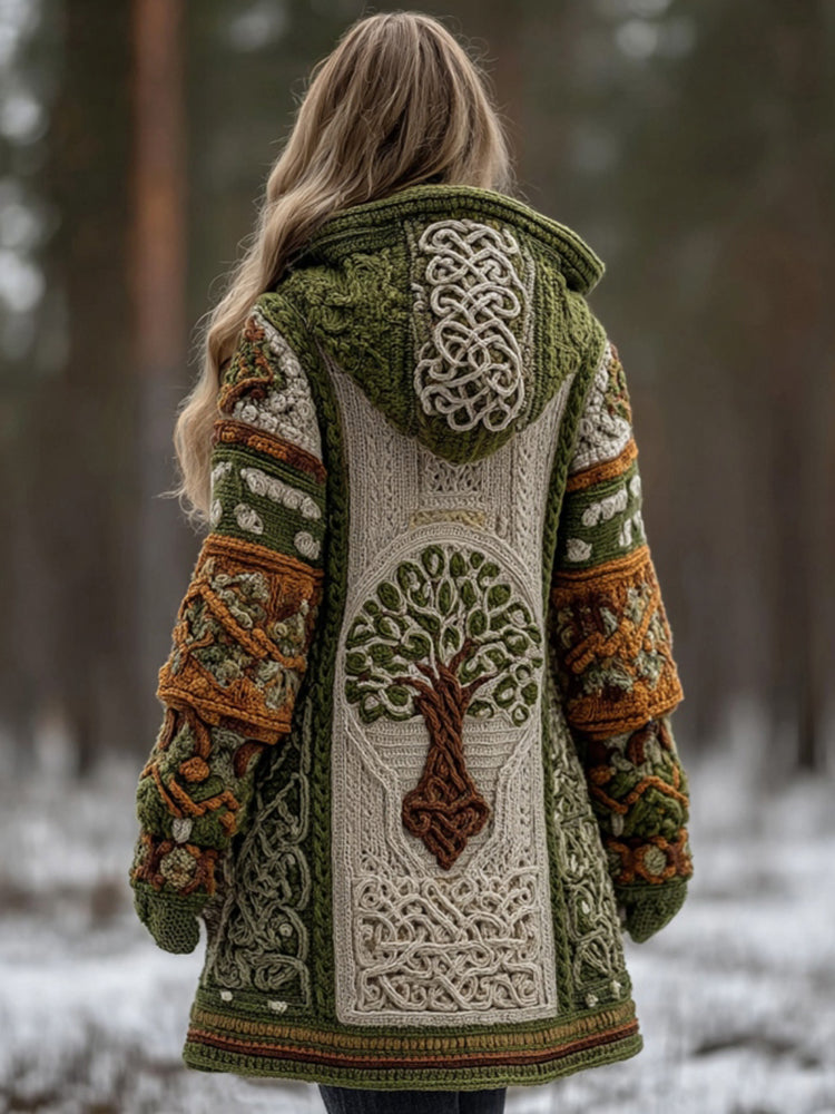 Women's Vintage Viking Tree Of Life Pattern Knit Hooded Sweater Cardigan