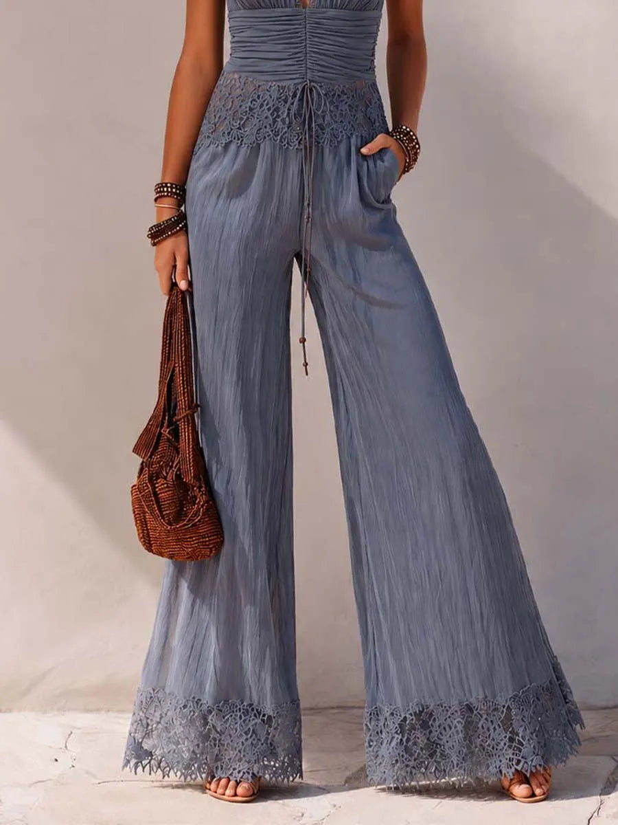 Dusty Blue Crinkled Lace-Trimmed Halter Neck Jumpsuit