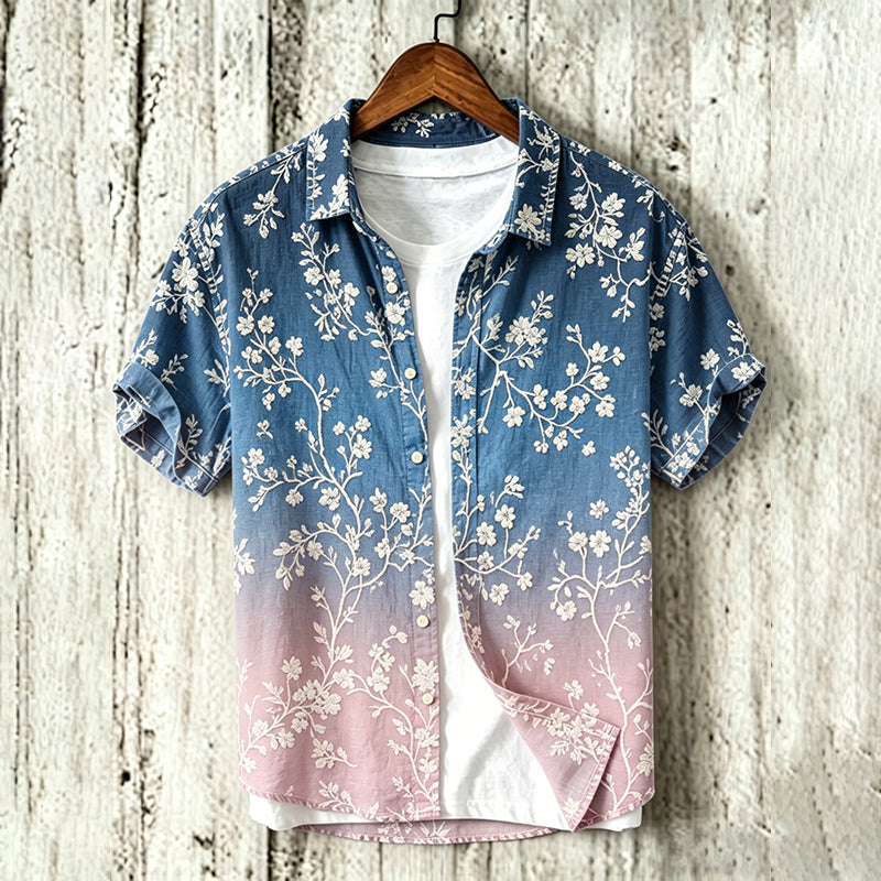 Men's Vintage Floral Gradient Art Print Flowy Linen Blend Short Sleeve Shirt