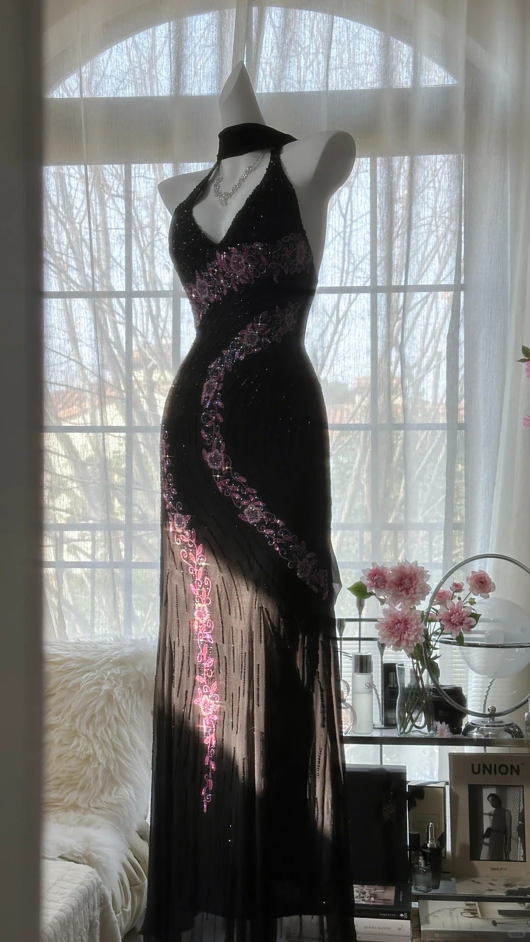 Black Shiny Vintage Elegant Romantic Delicate Pink Floral Beading Long Chiffon Homecoming Ball Gown Evening Dress Birthday/Wedding Guest/Holiday Party Dress Prom Dress