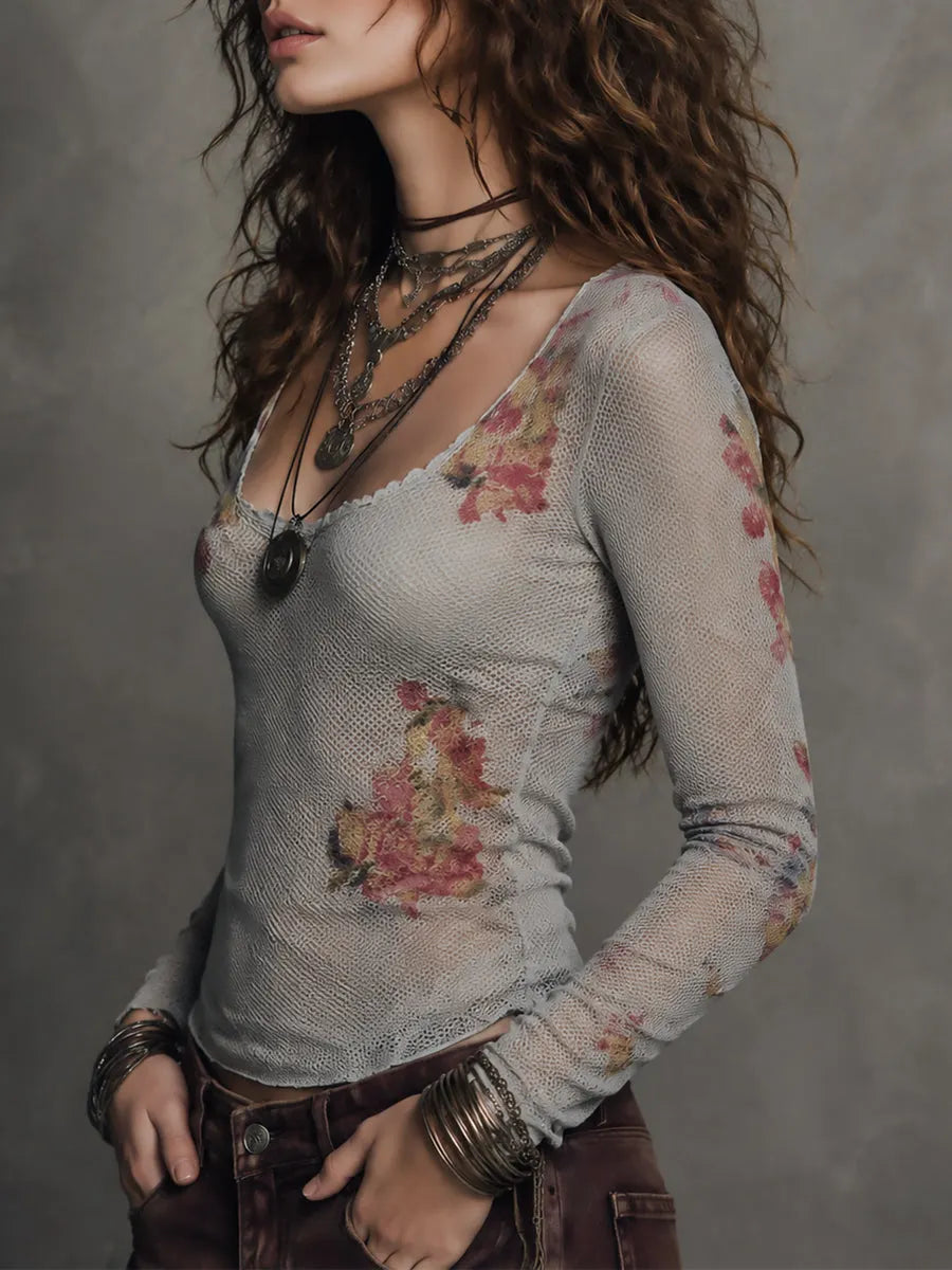Retro Printed Mesh Slim-Fit Long-Sleeve U-Neck T-Shirt
