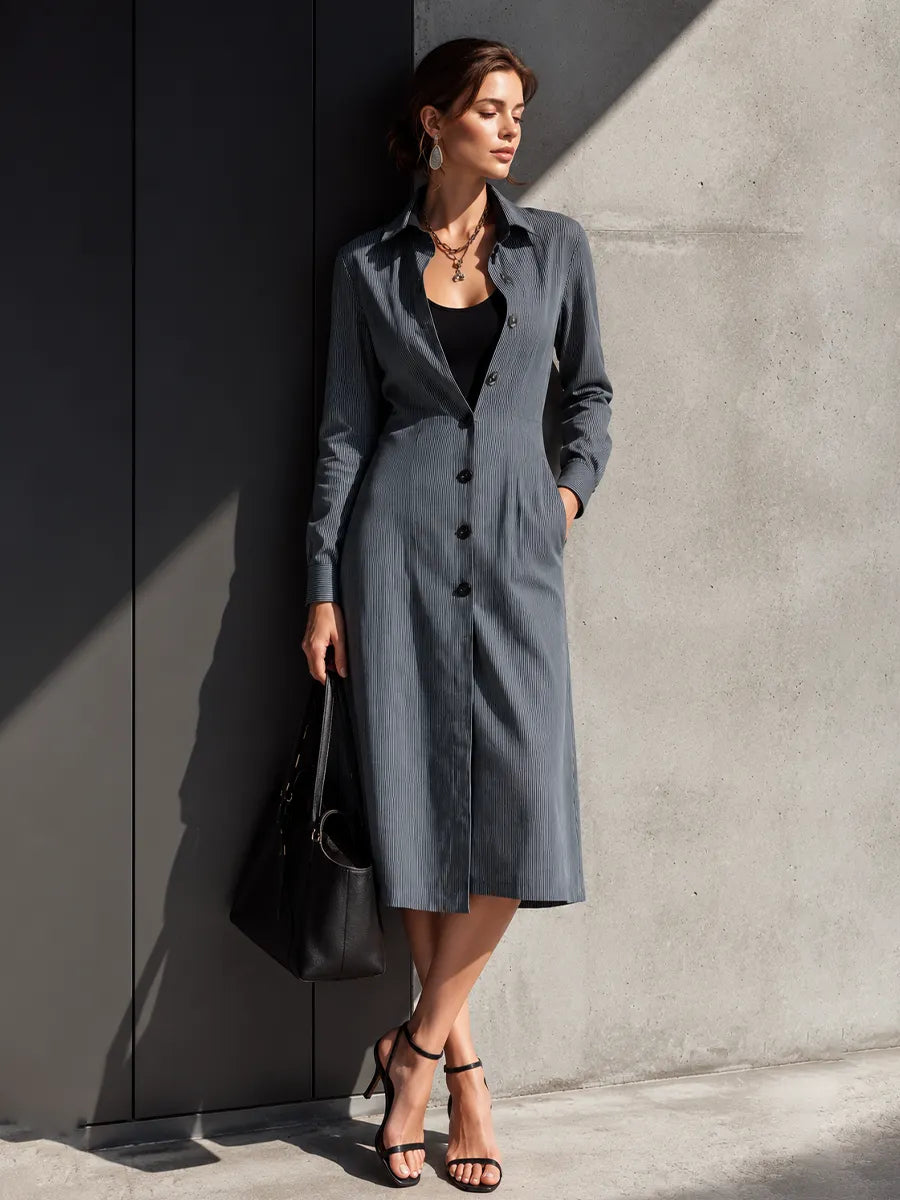 Women's Mature Commuter Grey Thin Stripe Cotton Blend Lapel Waist Slit Pocket Shirt Midi Dress MDZ0990G0GMJ