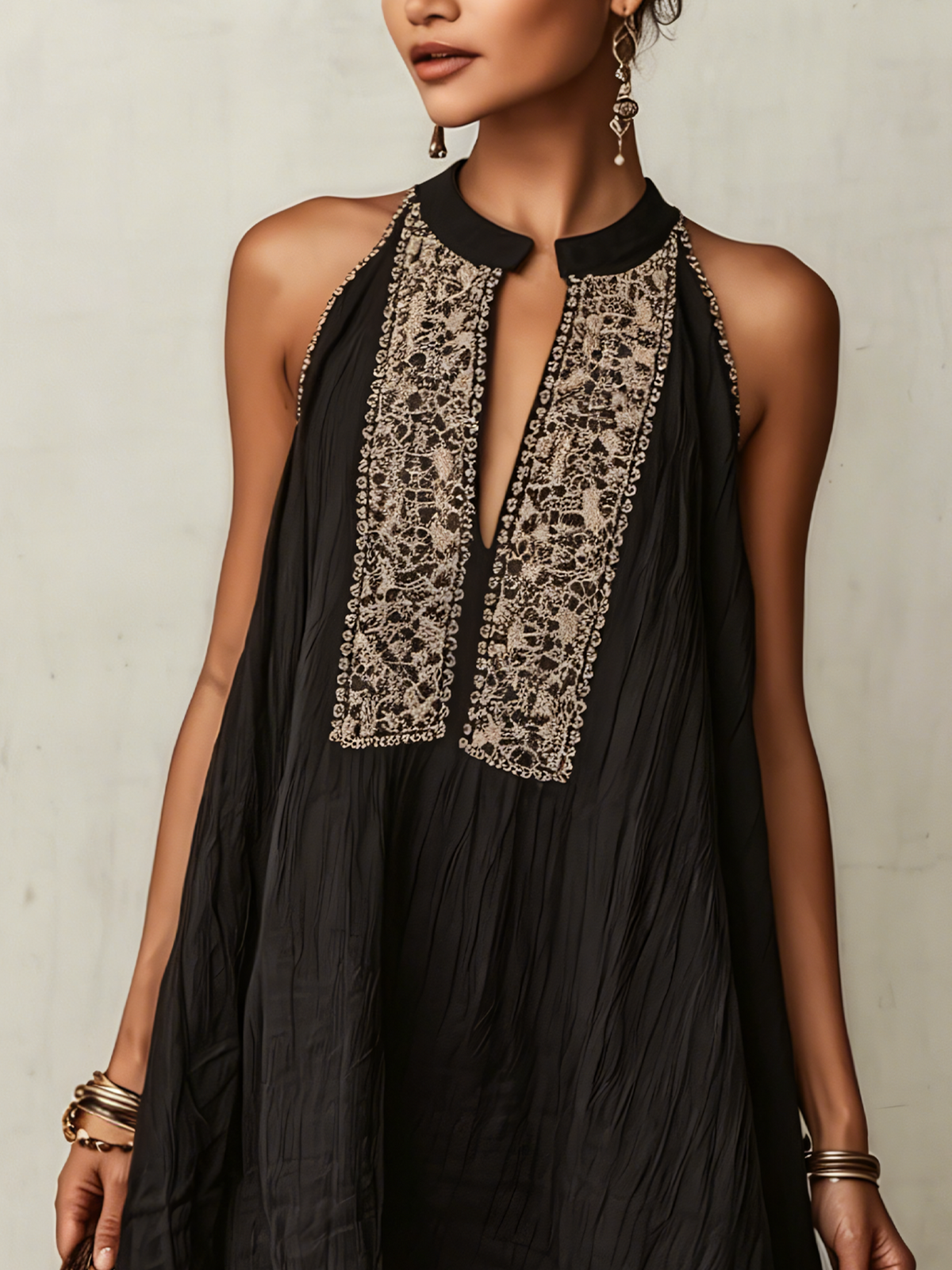 Black Textured Sleeveless Mini Dress With Lace Panel Detailing