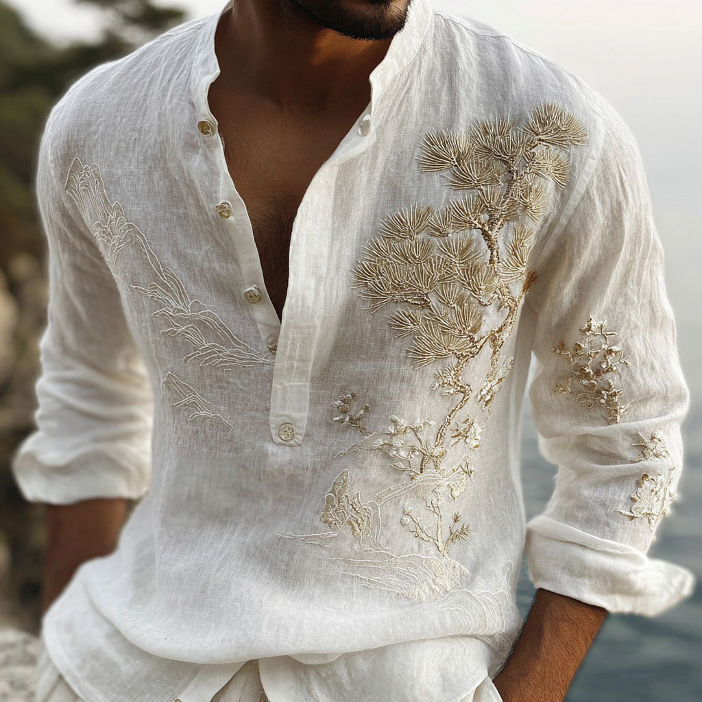 Men's Japanese-style Pine Tree And Mountain Pattern Linen Blend Shirt