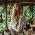 Vintage Bohemian Floral Embroidery Linen Blend Shirt
