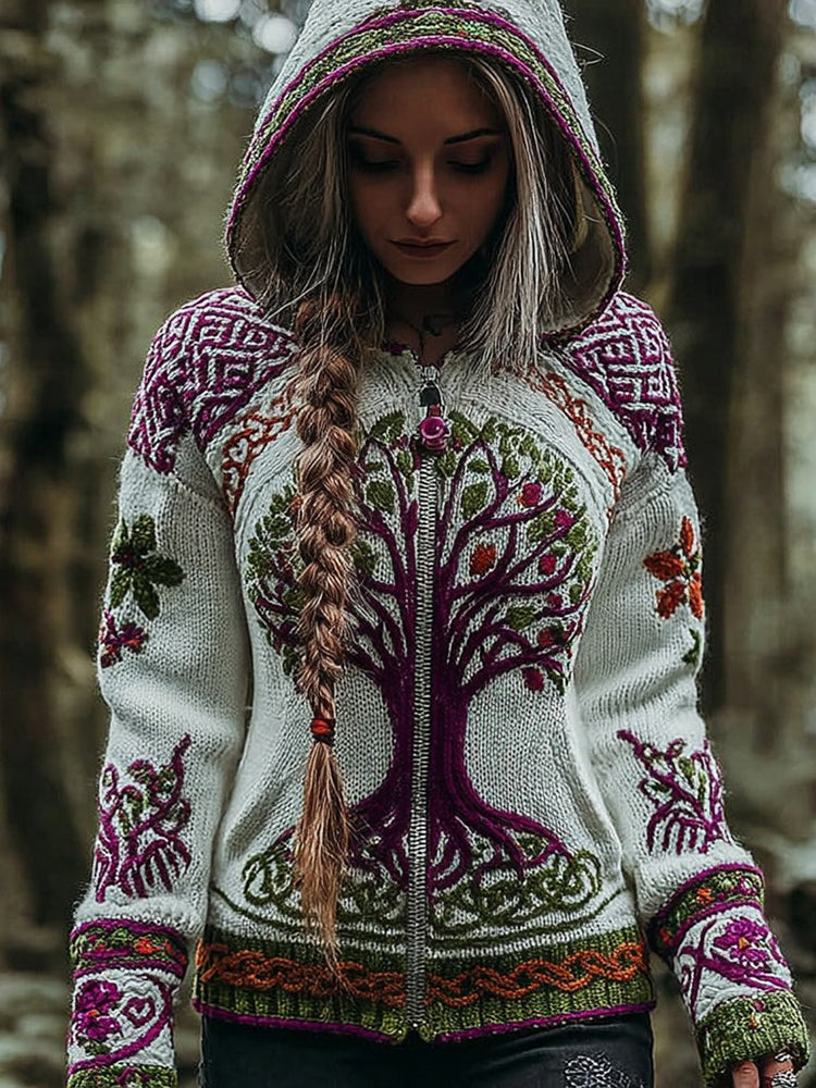 Women's Vintage Viking Celtic Knot Tree Of Life Art Knit Zip-up Hooded Sweater