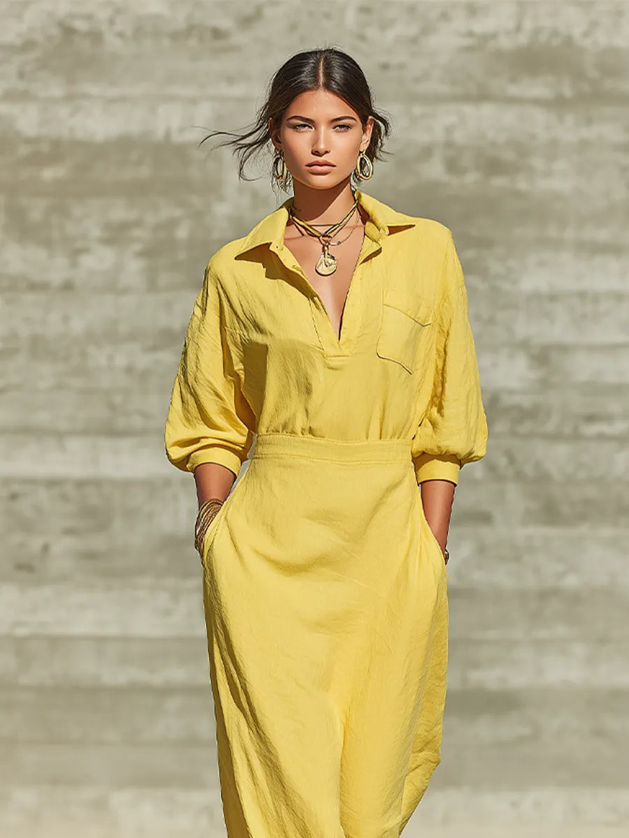 Women's Bright Yellow Linen Blend Shirt Maxi Dress With Lapel Half Button Placket & Puff Three Quarter Sleeves, Casual Resort Loose Floor Length Shirt Dress MDZ2041G4LYL