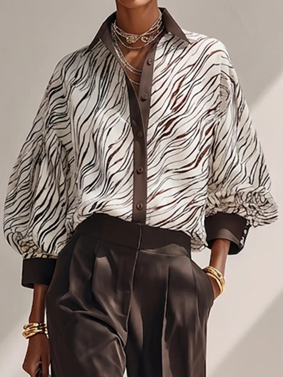 Women's Minimalist Lightweight Zebra-Print Long-Sleeve Shirt & Solid Brown Wide-Leg Trousers Two-Piece Set MDZ0696G1ZRK