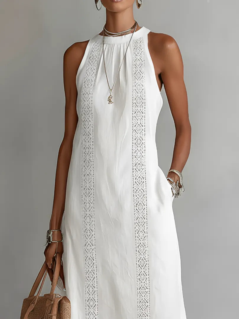 Relaxed Embroidered Mandarin Collar Midi Dress