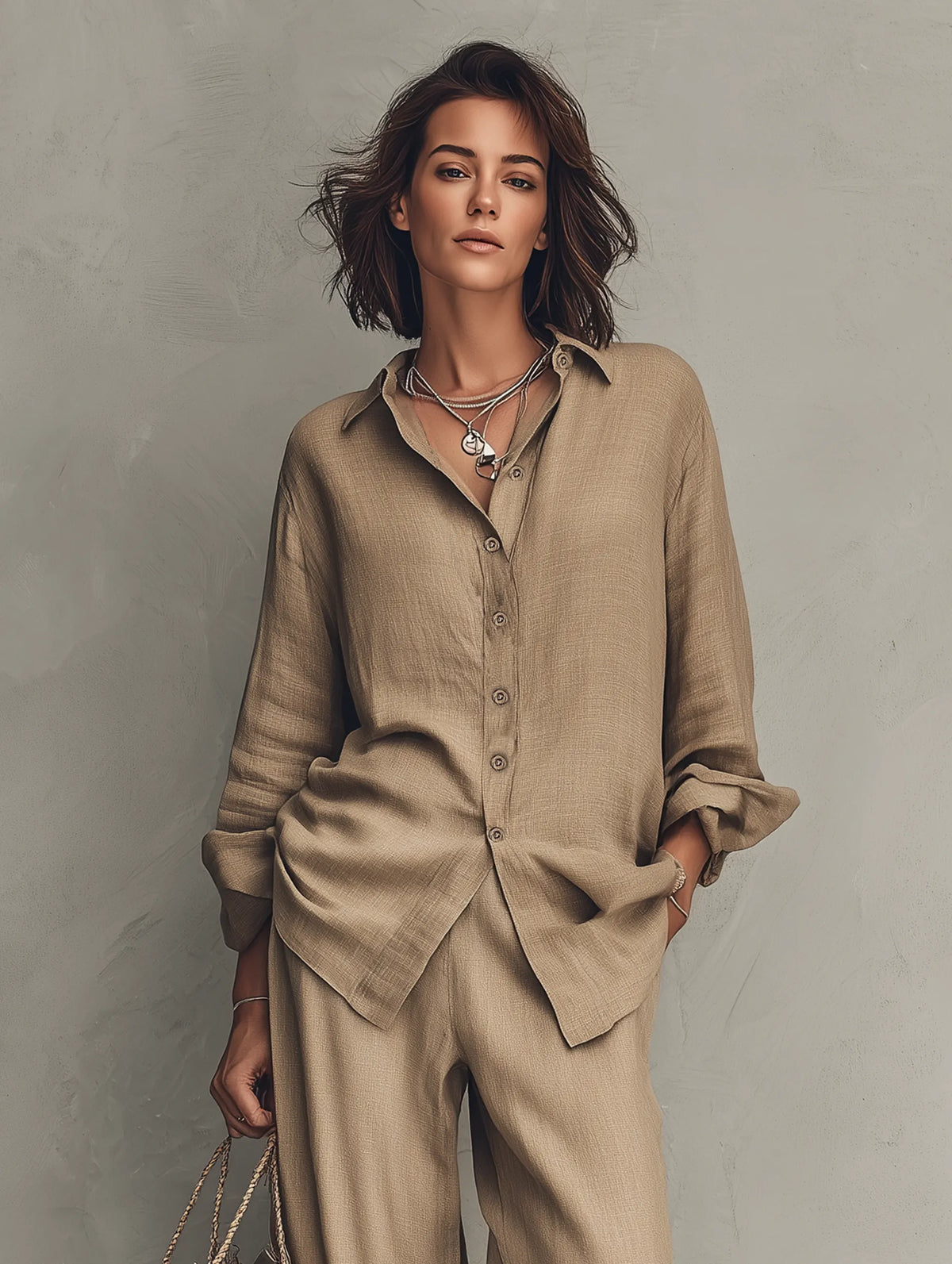 Women's Minimalist Long-Sleeve Shirt And Wide-Leg Pants Set With Raw Hems MDZ0934G8WY