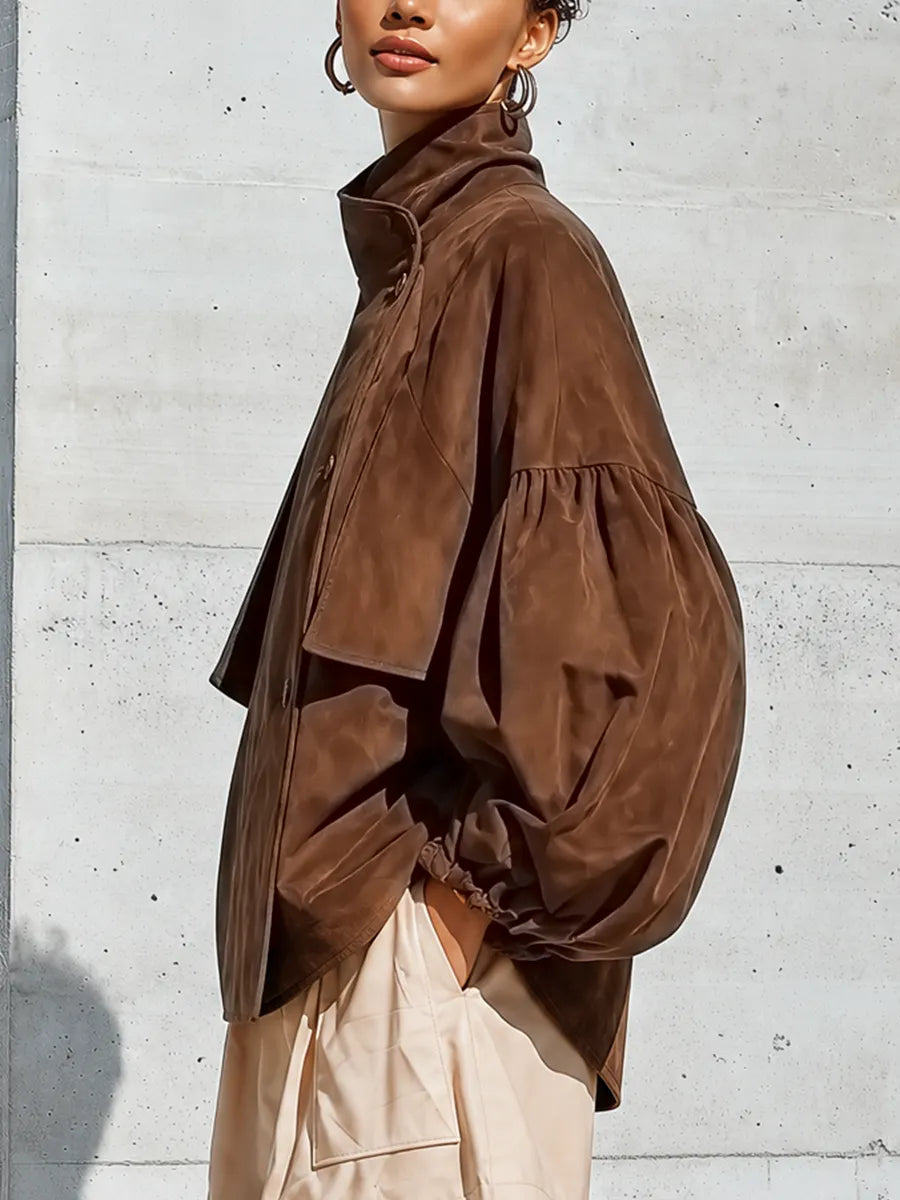 Women's Brown Faux Suede Stand Collar Puff Gathered Cuff Oversized Jacket MDZ1693G6YZJ