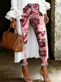 Women's Fashion Casual Flowers Art Print Ripped Skinny Jeans