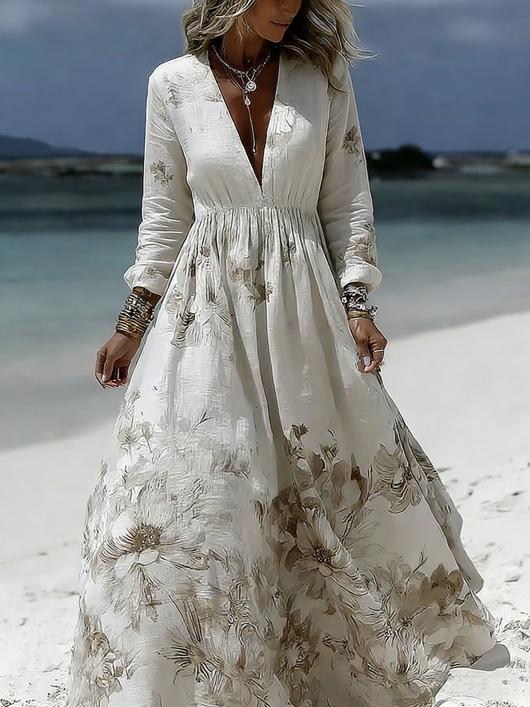 Women's Vintage Floral Printed Art V-neck Long Sleeve Maxi Dress