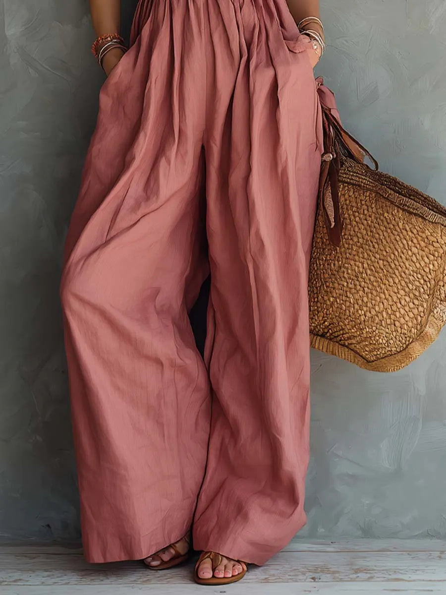Retro Pleated Halter-Neck Cotton-Linen Jumpsuit