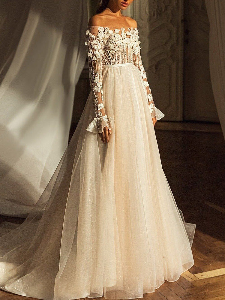 Stylish Off-The-Shoulder Applique See-Through A-Line Wedding Maxi Dress