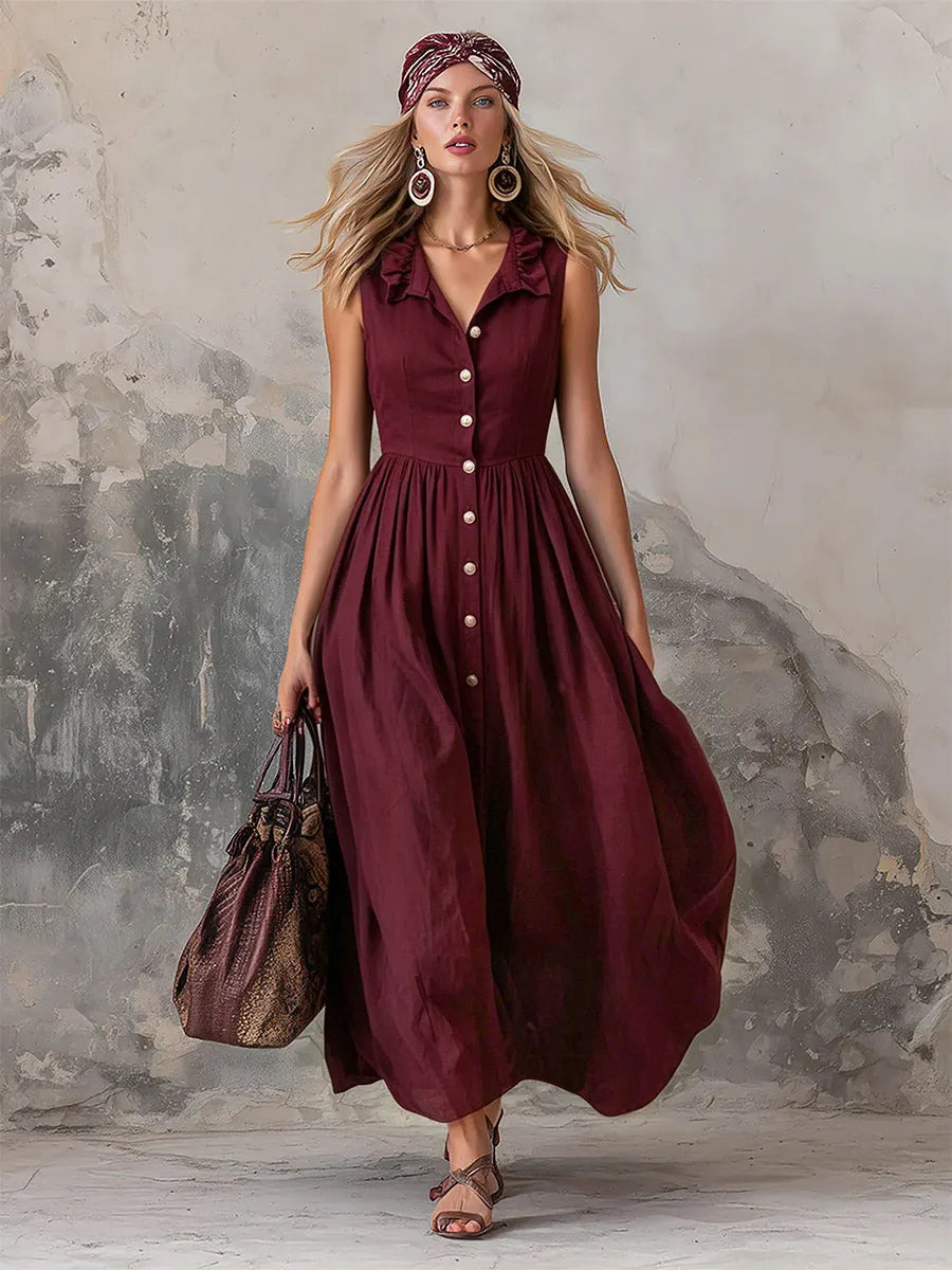 Elegant Zinfandel-colored Cotton And Linen Sleeveless Maxi Dress