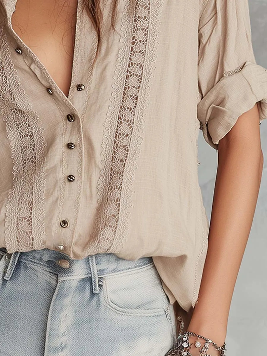 Retro Lace-Placket Cotton-Linen Blouse