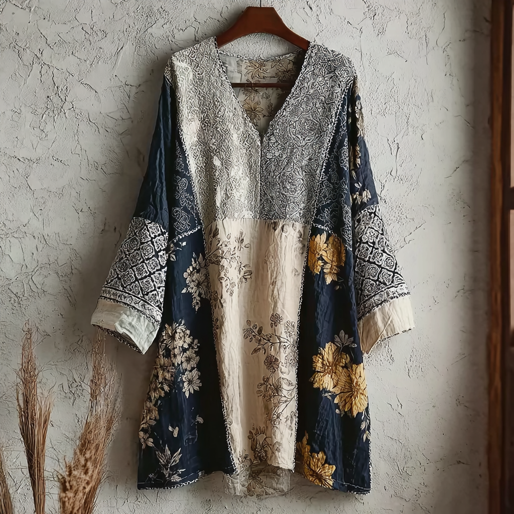 Japanese Art Retro Style Plant And Flower Pattern Patchwork Design V-neck Cotton And Linen Dress