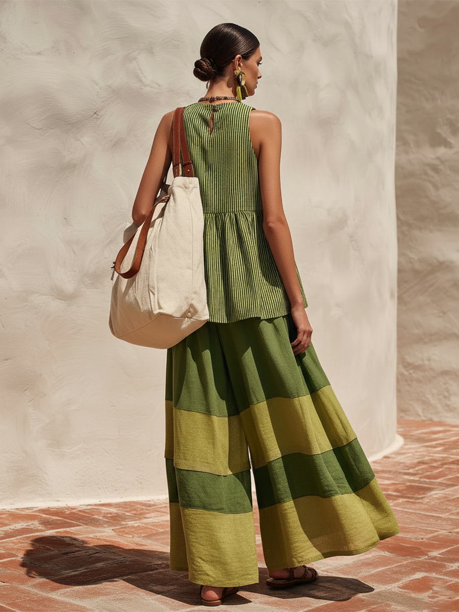 Retro-chic Striped Top And Color-blocked Wide-leg Pants