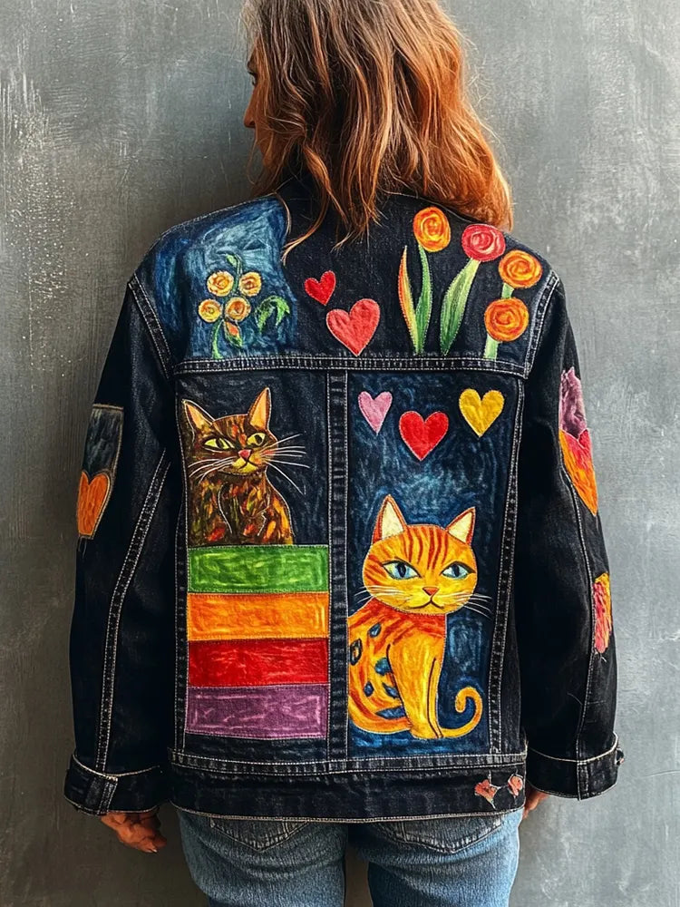 Women's Pop Art Cat Fun Pattern Denim Jacket
