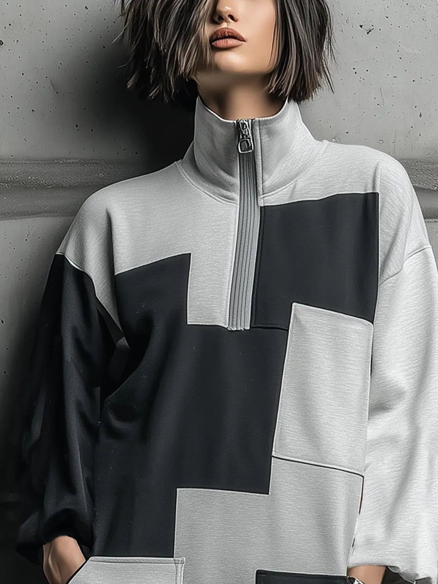 Women's Black Gray Color Block Scuba Knit Patchwork Half Zip Stand Collar Long Sleeve Side Pocket Oversized Mini Sweatshirt Dress MDZ1742G2YZJ