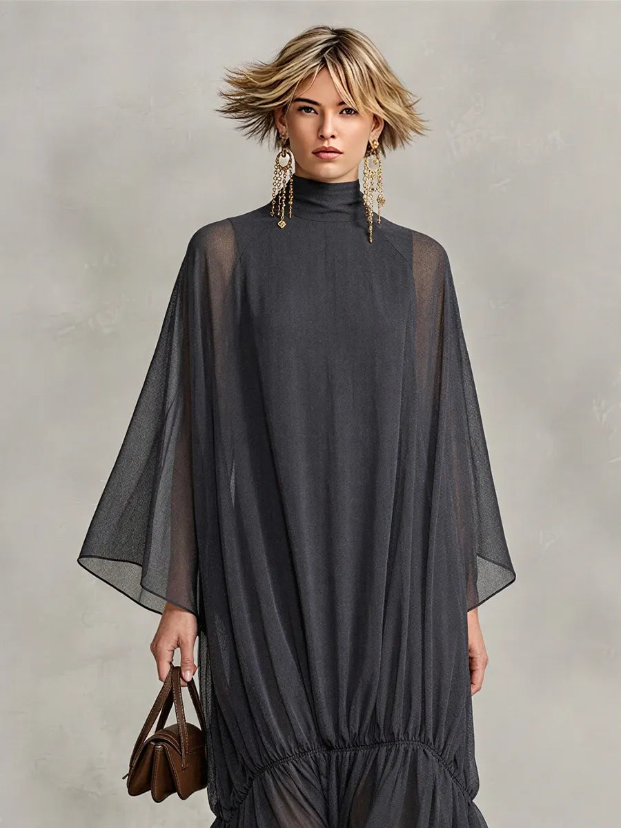 Women's Dark Gray Sheer Chiffon Maxi Dress With Turtleneck Cape Batwing Sleeves & Ruched Ruffle Hem, Minimalist Elegant Oversized Flowy Maxi Dress MDZ0665G8LYL