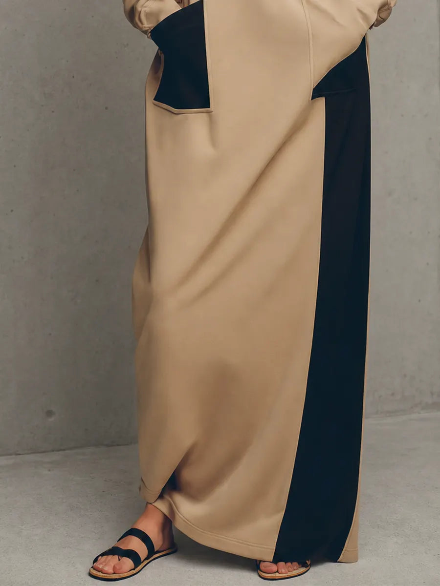 Women's Khaki Black Color Block Knit Drawstring Hooded Long Sleeve Side Pocket Oversized Maxi Sweatshirt Dress MDZ1507G2YZJ