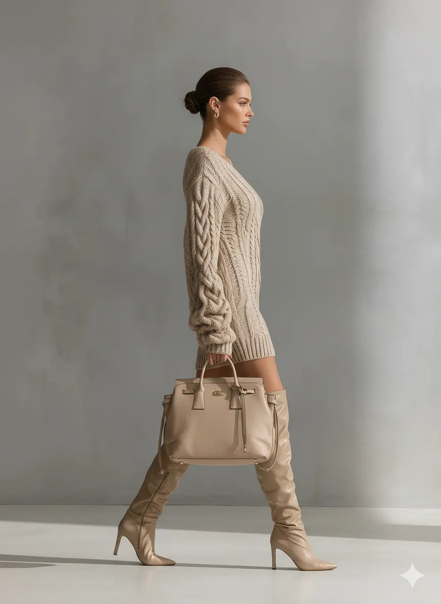 Women's Beige Cable Knit Off-the-Shoulder Fashion Mini Dress MDA1314J6T