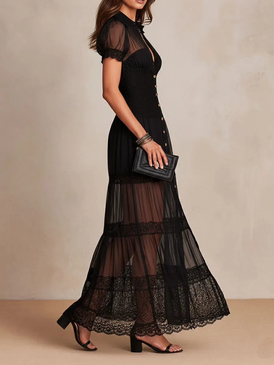 Boho Romantic Black Sheer Lace Trimmed Maxi Dress