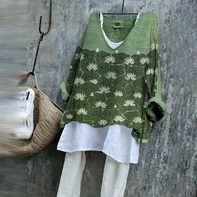 Vintage Lotus Flowers Art Linen Blend Cozy Tunic