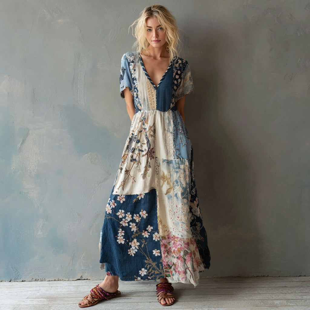 Women's Japanese Cherry Blossom Pattern Linen V-neck Dress